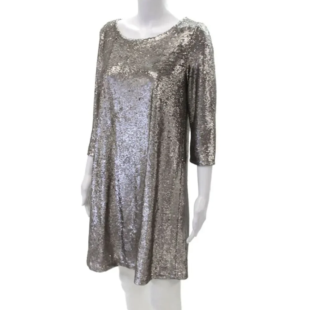 BB Dakota Womens Sequin Long Sleeves Knee Length Dress Silver Size Small